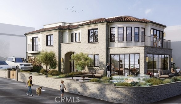 Rendered two-story modern house with stone exterior, arched entrance, curved balcony, and landscaped front yard with people strolling nearby.